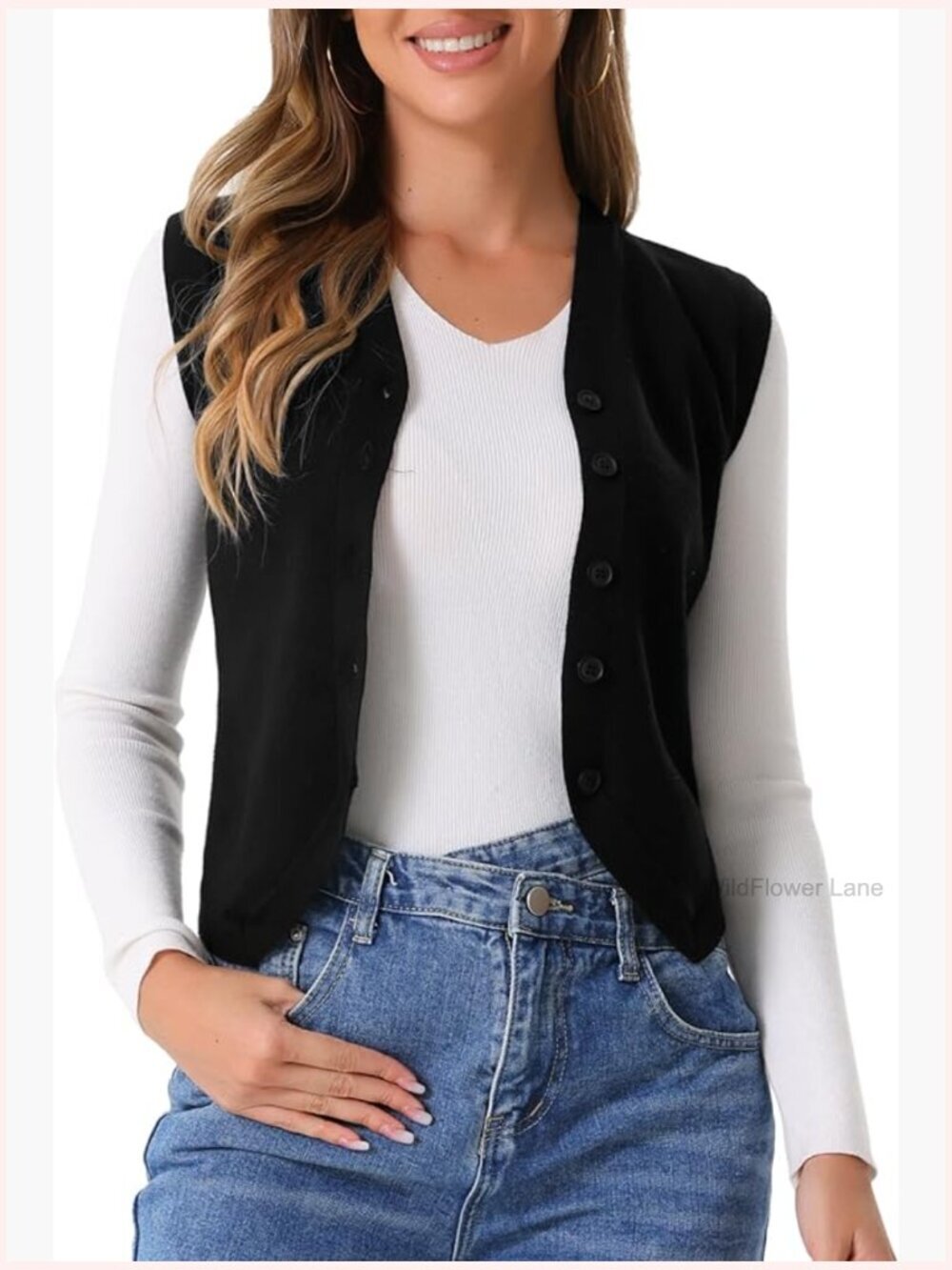 Sleeveless V-Neck Cropped Sweater Knit Tank Top Business Casual Button Down
